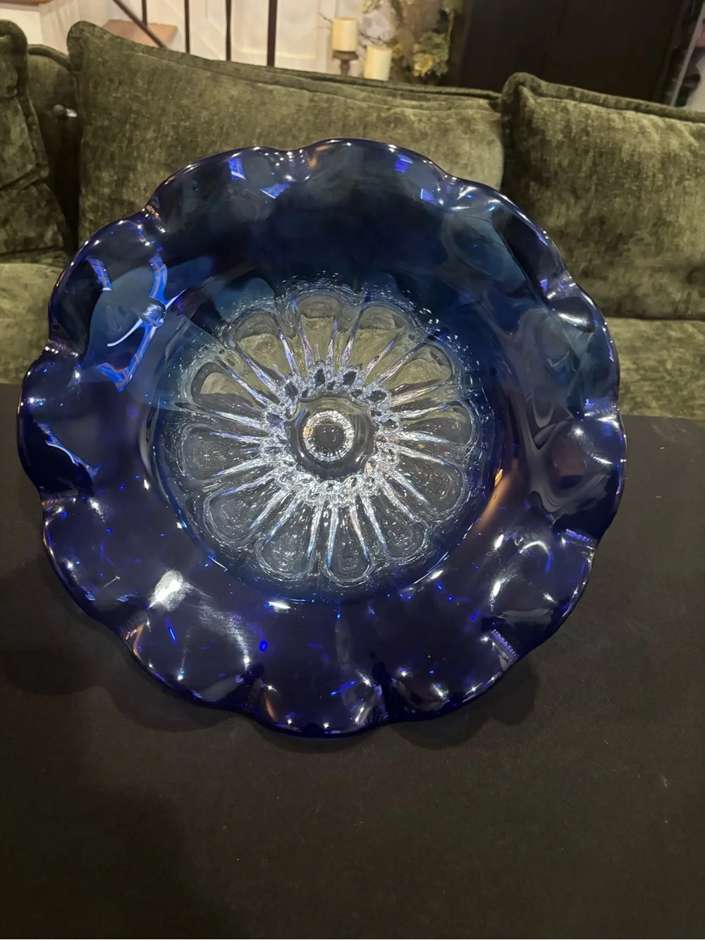 Shannon Crystal Cobalt Clear/Blue Ruffled Bowl Designs of Ireland 6.75